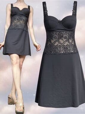 🖤 Montelle Intimates Black Lace Bustier Slip Dress